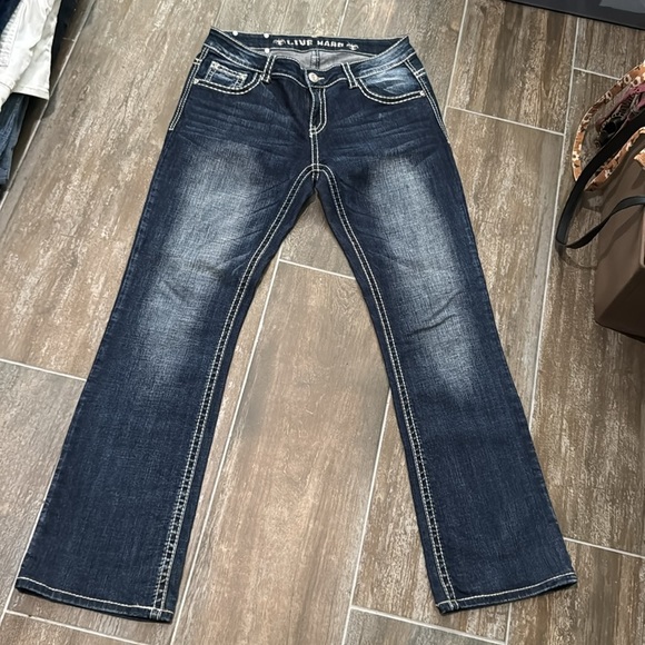 Live Hard Play Hard Design Silver Rhinestone Bootcut Mid-Rise Jeans Sz 30 L 36 - Picture 3 of 13